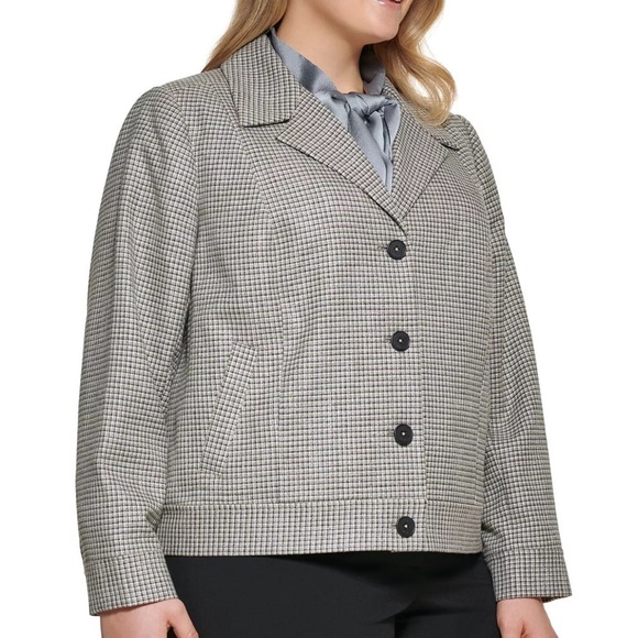 Calvin Klein Plus Size Plaid Boxy Button-Down Cropped Jacket metallic - Picture 1 of 6